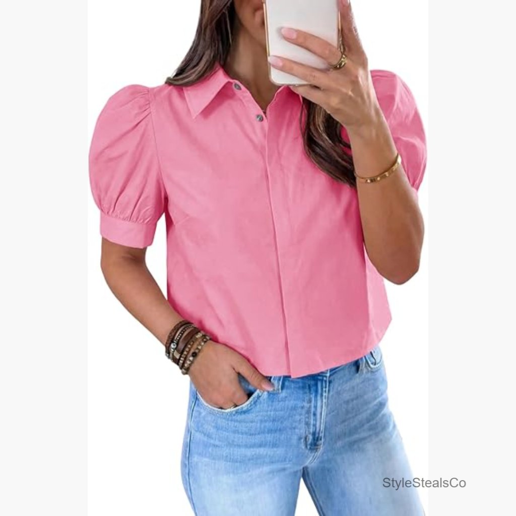 Cropped Cotton Button Down Blouse Puff Sleeve Summer Casual Work Top